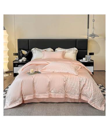 100% Egyptian Cotton Luxury Bedding Set Leaves Embroidery Duvet Cover Set Bed Sheet Set Pillowcases Soft Bed Sets Bedding Set (Pink Fitted Bed Sheet_King)