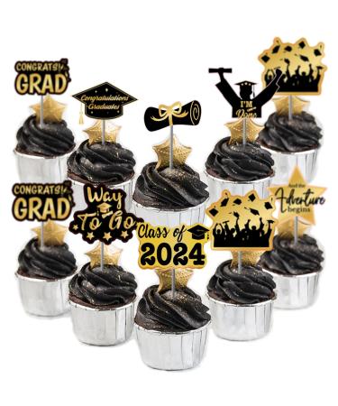 48 Pack Graduation Cupcake Toppers Class of 2023 Graduation Party Decorations Black and Gold Elegant Dessert Toppers with 8 Unique Designs Premium Paper Cake Decor for Grads