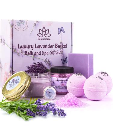 Spa Gift Baskets for Women Organic Lavender  Bath and Body At Home  Spa Kit  Soy Wax Candle  Natural Oil Bath Salt  3 Bath Bombs  Soap Bar  Body Sugar Scrub  for Mom  Girls