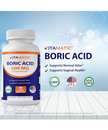Vitamatic Boric Acid Vaginal Suppositories 600 mg - USP Grade Vegetarian Capsules 60 Count | Effective Relief & International Shipping - Buy Online on GoSupps.com