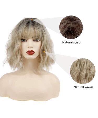 MISSQUEEN Short Ombre Blonde Wavy Bob Wig with Bangs - Synthetic Curly Pastel Bob for Women, Colorful Cosplay Omber Blonde - Buy Online on GoSupps.com