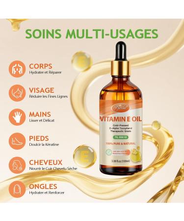 Huile de Vitamine E - 100% Pure et Naturelle Vitamine E Huile 70 000 UI pour la Peau le Visage les Cheveux les Ongles et les Cicatrices Hydratation Profonde et Raffermissement de la Peau - Buy Online on GoSupps.com