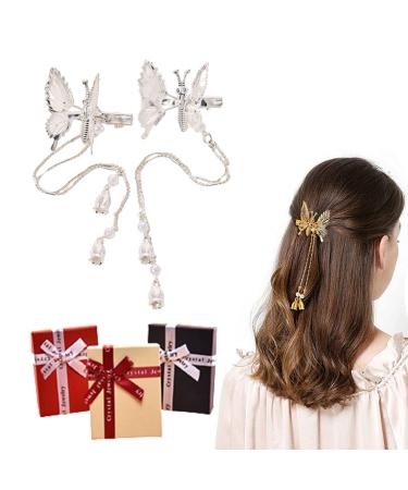 ZMMG Butterfly Hair Clips Moving Gold Butterfly Hair Clip Women Girls (with Tassel(2pcs) Silver)