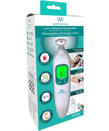 Wellworks 3-in-1 Infared Thermometer - Baby Thermometer for Ear Forehead & Object Use - High Accuracy Rapid Reading with Memory Recall and Fever Alarm - Suitable for Ages Newborn and Up - Buy Online on GoSupps.com