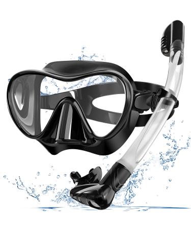 Bairuifu Snorkel Mask, 100% Food-Grade Silicone Full Dry Top Snorkel Set Anti-Fog Tempered Glass Scuba Mask, Professional Snorkeling Gear for Adults black