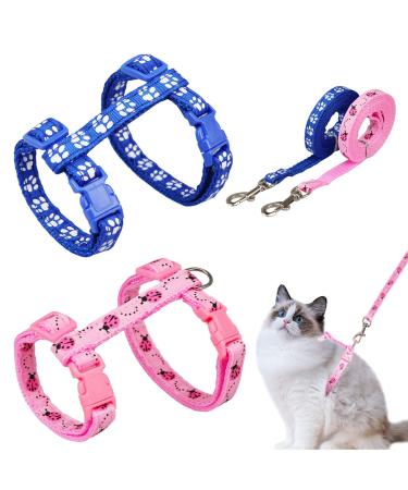 2 pieces of adjustable nylon whirring cat leash Cat's claw lady beetle print curve cat leash kitten neck band soft cat dishes with leash for kitten puppy rabbits rabbit pattern (pink + blue)