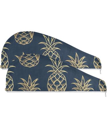 Gold Pineapple Dark Blue Hair Towel 2 Pack | Super Absorbent Quick Dry Hair Turbans for Women & Girls - Buy Online on GoSupps.com