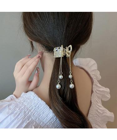 3Pcs Pearl Tassel Hair Clip Set | Flower Rhinestone Gold Hair Accessories for Women | Non-Slip Cute Hair Claw Clip for Thick Hair Styling | Mother's Day Gift - Buy Online on GoSupps.com