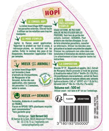 HOPI Insect Repellent Lotion Bassecour 500 ML - Designed for Poultry (Hens Chickens Ducks Geese etc.) and Their Environment - Anti-Parasite Protection Lasts 1 to 2 Weeks - Made in France - Buy Online on GoSupps.com