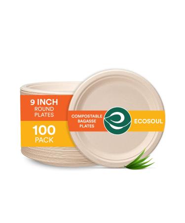 ECO SOUL 100% Compostable 9 Inch Paper Plates 100-Pack Disposable Party Plates I Heavy Duty Eco-Friendly Dinner Plates Disposable I Biodegradable Unbleached Sugarcane Eco Plates 100 9" Round Plates