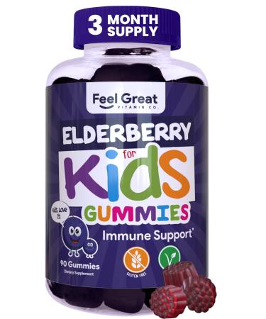 Elderberry Gummies for Kids by Feel Great Vitamin Co. | Delicious Vegan Elderberry for Kids Immune Support | Gluten Free Children's Vitamins with Zinc and Vitamin C | 90 Gummies 90 Count (Pack of 1)