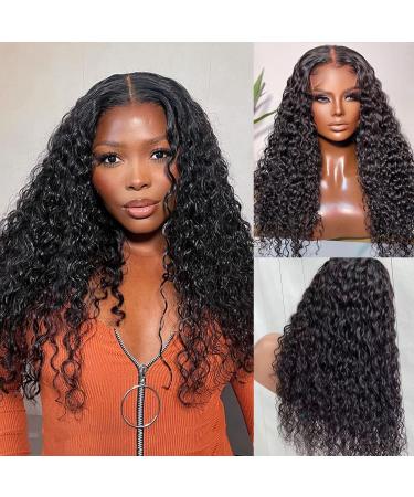 Recomtic Water Wave 4x4 Lace Closure Glueless Wigs Human Hair for Black Women Wear and Go Curly lace front Wig Human Hair Pre Plucked Wet and Wavy Wig with Baby Hair 150% Density Natural Color 22inch 22 Inch