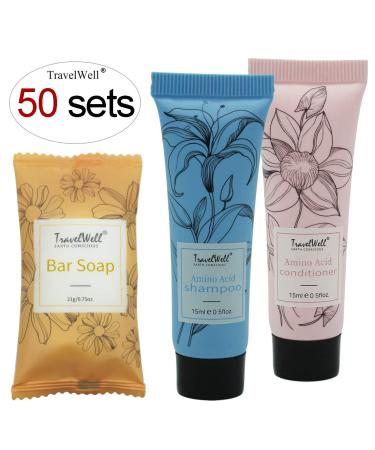 TravelWell Flower Series Hotel Amenities Toiletries Individually Wrapped 15ml/0.5 Fl Oz Shampoo 50 Tubes +15ml/0.5 Fl Oz Conditioner 50 Tubes + 21g/0.75 Oz Cleaning Soap 50 Bars Kit 1 - Buy Online on GoSupps.com