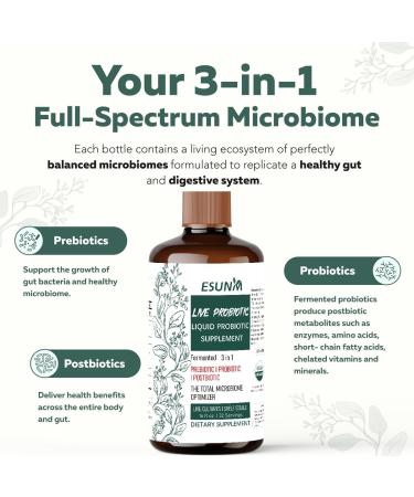 ESUNM 3-in-1 Liquid Probiotic Complex with Prebiotics Probiotics & Postbiotics - Features 10 Clinical Strains + 18 Organic Fermented Herbs - Complete Gut & Microbiome Support for Men & Women (16 oz) - Buy Online on GoSupps.com