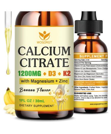 Calcium Citrate 1200mg Liquid Supplement with Vitamin D3 for Women & Men - Calcium Magnesium Zinc D3 K2 Supplement for Bone Teeth Immune Support - Sugar Free Vegan Banana Flavor - 1 Fl Oz (2 Pack)