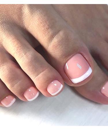 Morily French Tip Fake Toe Nails  Pink Real Short Square Shaped Press on Nails Glossy False Stick on Toenails for Women and Girls - 28Pcs Nail Kit in 14 Sizes Pink French