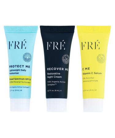 FRE DELUXE Mini Must Haves Skin Care Set with C ME PROTECT ME & RECOVER ME- Anti Aging Vitamin C Brightening Serum Face Moisturizer SPF 30 Travel Size Mineral Sunscreen & Restorative Night Cream
