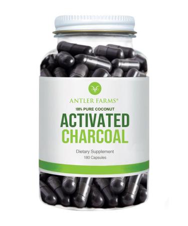 Antler Farms - 100% Pure Organic Coconut Activated Charcoal, 180 Capsules 260mg - Wild Harvested, Virgin Coconut Shell, USP Food Grade, Steam Activated, Ultra Fine