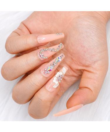 Artquee 24pcs Light Nude Pink Clear Press on Nails - 3D Flower Rhinestone Coffin False Tips for Women - Buy Online on GoSupps.com