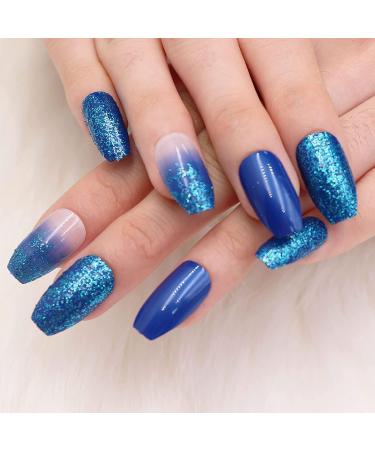 Luvadeyo 24 PCs Blue Gradient Coffin Press on Nails | Glitter Artificial False Nails for Women & Girls | Double-Sided Adhesive Tabs Included - Buy Online on GoSupps.com