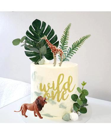 Realistic Safari Jungle Animals Cake Toppers with Palm Leaf & Eucalyptus Leaves - Wild Themed Birthday & Baby Shower Party Decorations (Wild One) - Buy Online on GoSupps.com