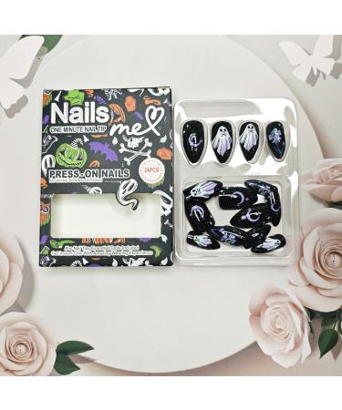 24pcs Halloween Press on Nails - Cute Ghost & Skull Designs - Short Almond Black & Purple Fake Nails for Women & Girls - Perfect Halloween Nail Art - Buy Online on GoSupps.com
