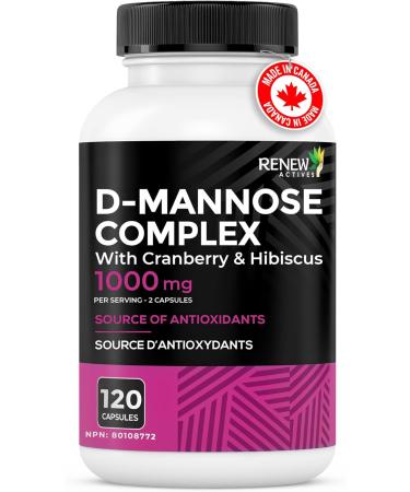 Renew Actives High Potency D-Mannose & Cranberry Complex 1000MG per 2 Capsules with Hibiscus & Dandelion Extracts Antioxidant Blend No Artificial Flavours - Made in Canada - 120 Capsules - Buy Online on GoSupps.com