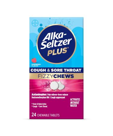Alka-seltzer Plus New Cough & Sore Throat Fizzy Chews No Water Needed On The Go Sore Throat Relief Cough Relief for Adults Cough and Sore Throat Chewable Tablets Raspberry Flavor 24 Count