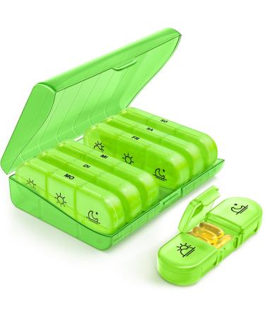 Auvon weekly pill box 7 days 3 compartments portable tablet box 7 days with large separate compartments for medication vitamins fish oil dietary supplements etc. (green) F-green