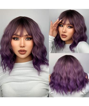 MUPUL Ombre Purple Wig Short Body Wavy Bob Wigs for Women With Bangs Shoulder Length Synthetic Cosplay Party Wig for Girls Daily Use Colorful Wigs (13 Ombre Purple) Purple ombre
