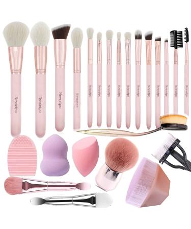 Deluxe Makeup Brushes Natural Goat Hair Makeup Brushes Quality Makeup Brush Sets & Kits Eye Shadow Concealers Foundation Powder Blush Kabuki Cosmetic Blending Silicone Face Brush (24 Count Pink)