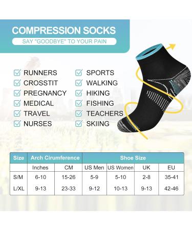 Buy Pnosnesy Compression Socks for Men & Women | Plantar Fasciitis Low Cut Sports Socks - 6/7 Pairs Black & Sky - S/M - Buy Online on GoSupps.com
