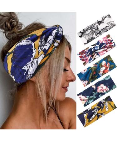 Catery Boho Headbands Criss Cross Head Bands No Slip Fashion Elastic Stretch Wide Hair Bands for Women(Pack of 5) (Boho)