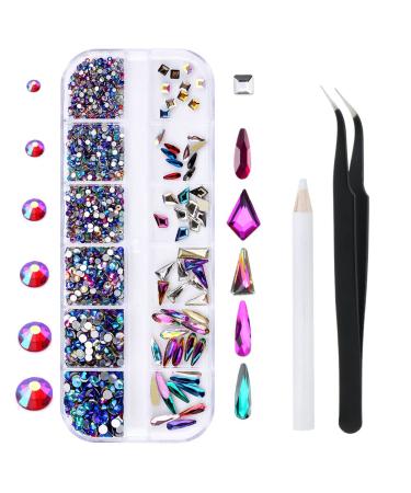 1788 Pieces Flatback Rhinestones for Crafts Nail Gems Gemstones Crystals Jewels Craft Glass Diamonds Stones Bling Bedazzler Kit with Tweezers and Picking Pen 12 Colors (Multi-color)