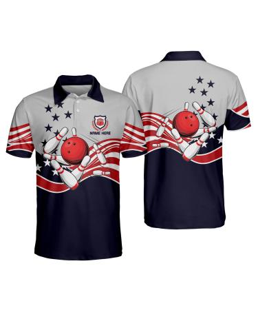 TEEMAN Custom Patriotic Funny Bowling Shirt with Name, American Flag Men's Bowling Team Shirts Short Sleeve for Men and Women Tv21