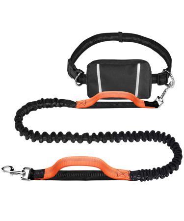 Pet room jogging leash dogs for running jogging hiking.Dogs jogging line with belly belt.Jogging dog leash for large and medium -sized dogs.Elastic and reflective running leash black/orange (hip belt with removable pack)