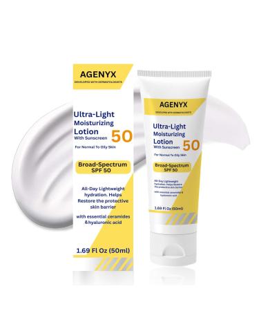 Agenyx Daily Facial Moisturizing Lotion with SPF 50 Hyaluronic Acid Niacinamide & Ceramides Oil-Free Face Moisturizer for Normal to Oily Skin Lightweight Non-Greasy Hydration 1.7 fl oz