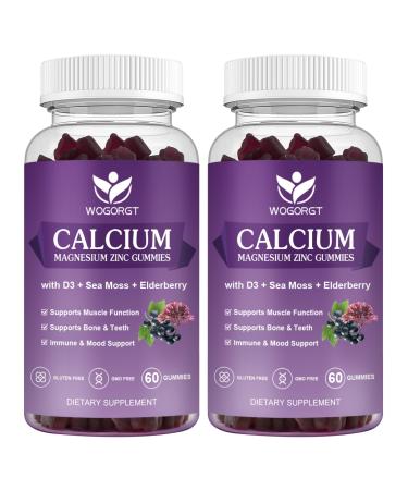 Calcium Magnesium Zinc Gummies with Vitamin D3 - High Absorption Complex Calcium Supplement with Sea Moss Elderberry for Bone Muscles Immune Mood & Sleep Support Vegan - 60 Gummies (2 Pack) Elderberry 60 Count (Pack of