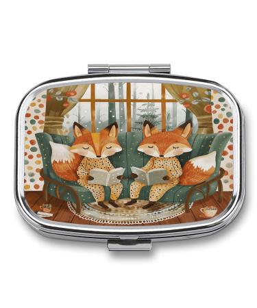 Pill Box Two Foxes are Reading Print 2 Compartment Medicine Pill Case Pill Organizer Decorative Metal Portable Pill Box for Pocket Or Purse