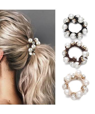 Brinie Hair Ties Black Elastic Hair Scrunchies Pearl Hair Bands Crystal Hair Ropes Hair Accessories for Women and Girls (Pack of 3)