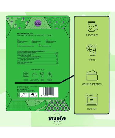 Syzygy Food Chlorella Powder Bio 500g | Maximum Purity Detox Vegan Protein | Broken Cell Wall Chlorophyll | Made in EU - Buy Online on GoSupps.com