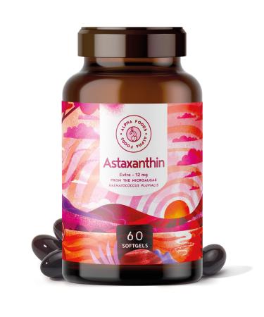Astaxanthin High Strength 12mg - Antioxidant Supplements - Super Antioxidant Haematococcus Pluvialis - 60 Vegan Depot Softgels Optimised Bioavailability - GMO Free - Alpha Foods 60 count (Pack of 1)