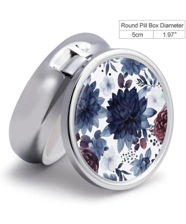 Round Pill Box Watercolor Dark Blue Pattern | 3 Compartment Portable Pill Organizer | Decorative Metal Pocket Case - Buy Online on GoSupps.com