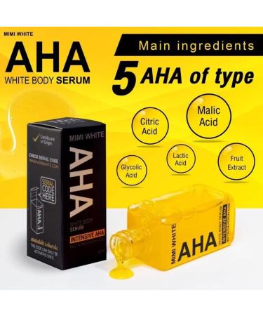 MIMI White AHA Youthful Radiant Glowing Moisturizing Serum - Natural Organic Vitamin & Mineral Rich Serum Intensive Nourishing AHA Body Serum - Multi Alpha Hydroxy Acids - Buy Online on GoSupps.com