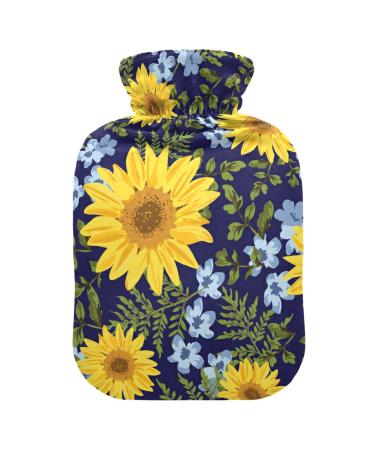 Hot Water Bottles with Cover Sunflowers Navy Background Hot Water Bottle for Pain Relief Period Cramps Heating Bag 2 Liter