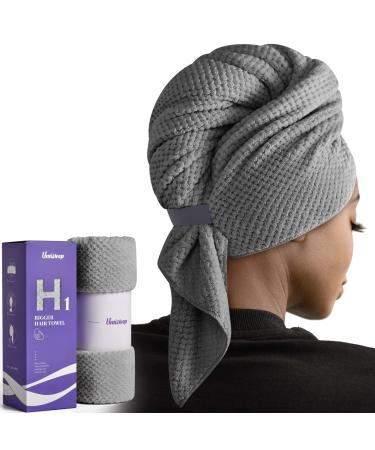 Umisleep Extra Large Microfiber Hair Towel for Women Long  Curly  Thick Hair  Super Soft Anti Frizz Quick Dry Hair Towel Wrap  Ultra Absorbent Hair Turban with Elastic Band Grey