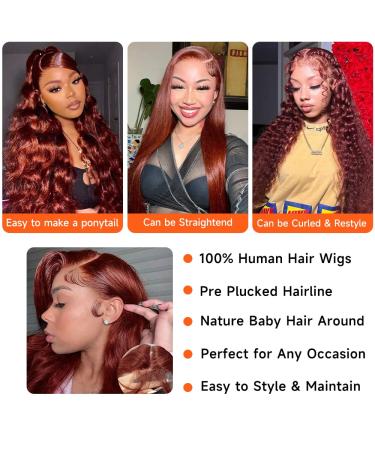 Reddish Brown 22 inch Human Hair Lace Front Wig | Auburn Colored Body Wave | Pre Plucked & Transparent HD Lace | Glueless & Natural Looking - Buy Online on GoSupps.com