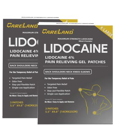 CARELAND 4% Extra Large Lidocaine Patches Maximum Strength Pain Relief Patch XL for Back & Shoulder Back Pain Relief Products Patches & Flexible Fabric Numbs Away Pain 6 Ct. 6 Count 6