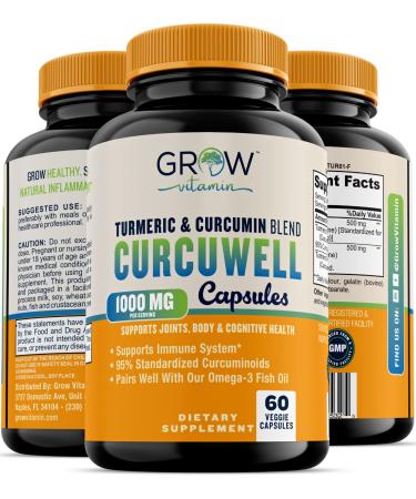 CURCUWELL - Curcumin & Turmeric High-Potency Blend | Maximum Strength Joint Body and Cognitive Support Natural Inflammatory Support 95% Curcuminoids Grow Vitamin - 30 Day Supply