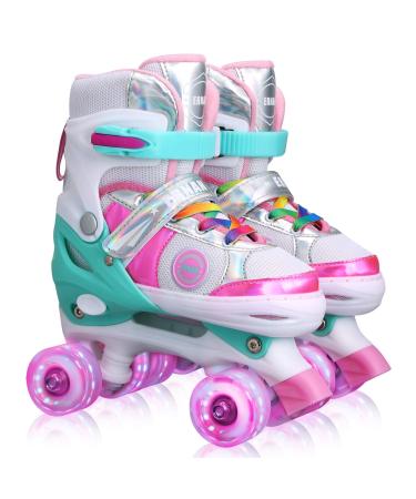 Kids Adjustable Roller Skates for Girls Boys Beginner, 4 Size Adjustable Roller Skates with Light Up Wheels and Colorful Shoelaces Colorful Pink Small(12J-2)